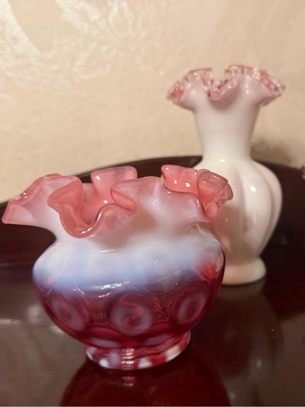 Fenton art glass rose bowl vase, coin dot
